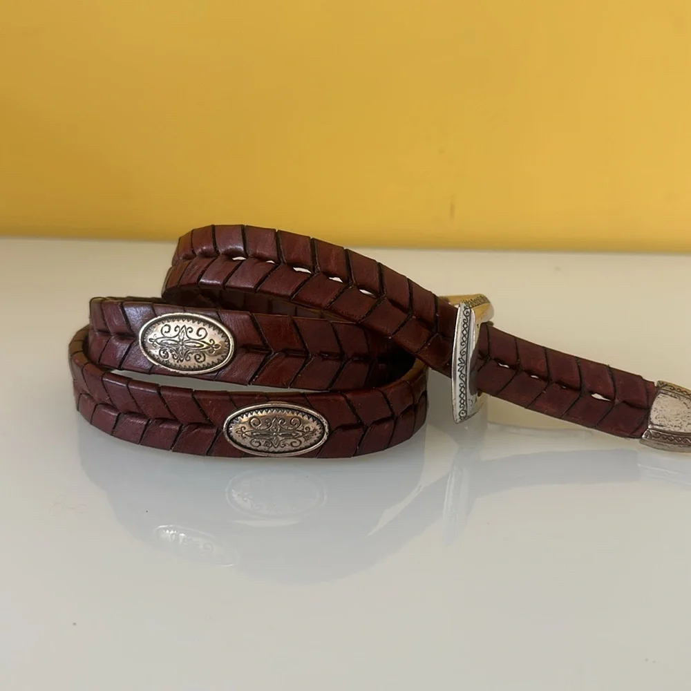 Brighton Brown Braided Leather Belt with Metal Medallions Size L